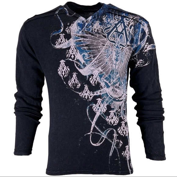 Archaic by Affliction Men's Thermal Shirt WOODCUTS Black Biker - Picture 2 of 6